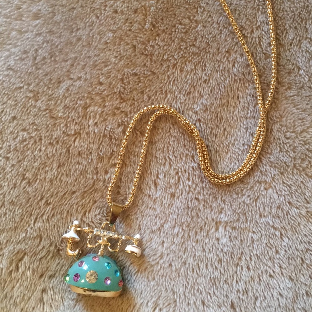 Telephone Crystal Necklace 27” gold Toned Chain - Picture 3 of 3